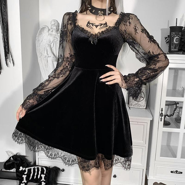 Velvet lace patchwork long sleeve contrast mini dress