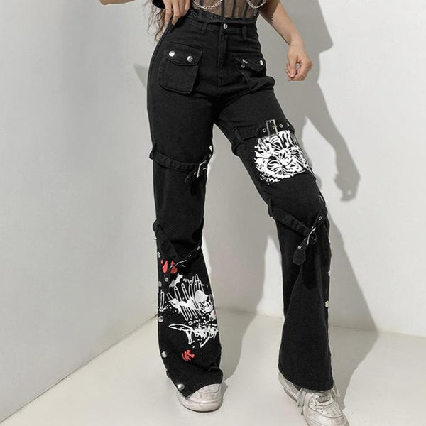 Botón contraste patrón abstracto bolsillo cargo jeans de talle alto gótico Moda Darkwave alternativa gótico Emo Moda Darkwave 