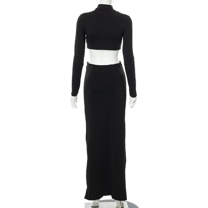 High neck long sleeve ruched solid maxi skirt set - Halibuy