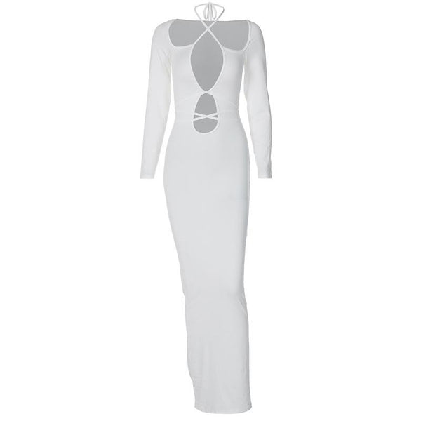Hollow out self tie solid long sleeve cross front maxi dress