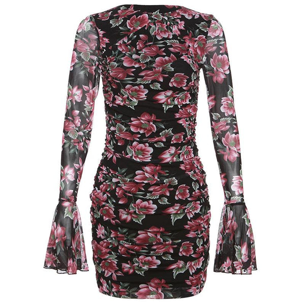 Flower print contrast hollow out long flared sleeve mini dress