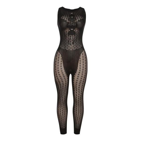 Fishnet button sleeveless solid hollow out jumpsuit goth Emo Darkwave Fashion