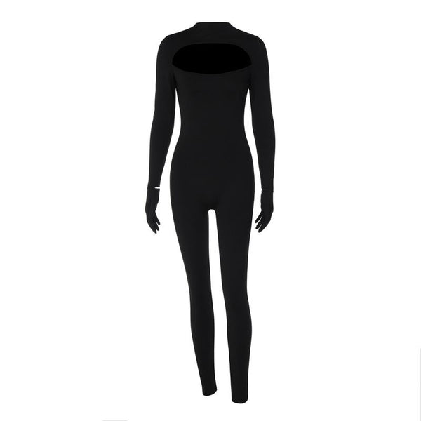 Long sleeve hollow out gloves solid zip-up jumpsuit goth Emo Darkwave Fashion