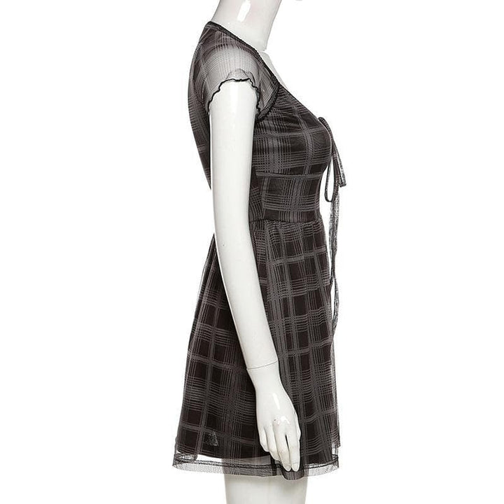 Mesh short sleeve plaid A line ruffled dress - Halibuy