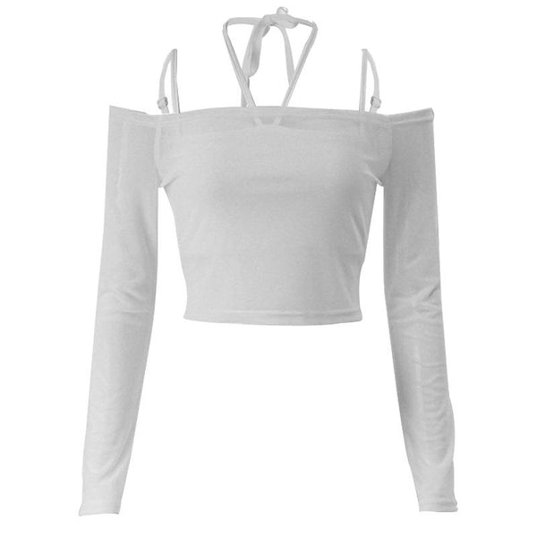 Long sleeve mesh halter self tie off shoulder cami 2 piece crop top y2k 90s Revival Techno Fashion