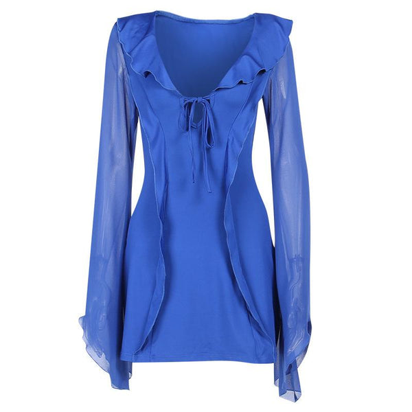 Ruffle long flared sleeve self tie chiffon solid mini dress