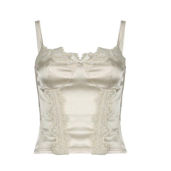 Satin lace hem stitch bustier bowknot solid cami top