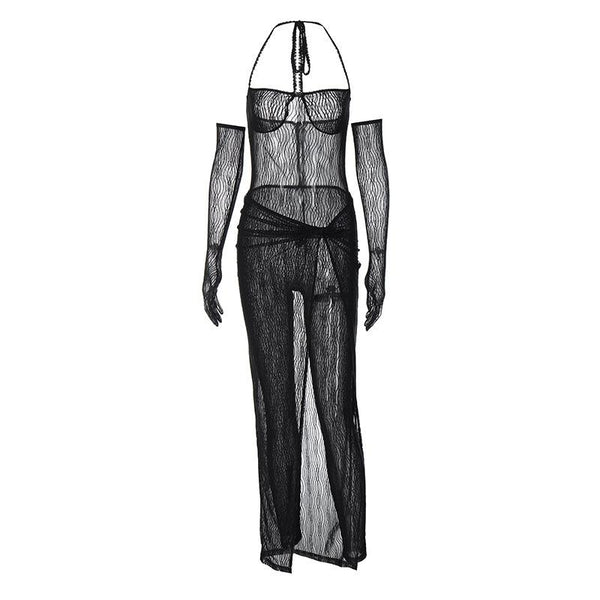 Conjunto de falda y mono sin espalda con guantes y cuello halter liso de malla transparente Moda Darkwave alternativa gótica Moda Darkwave emo 