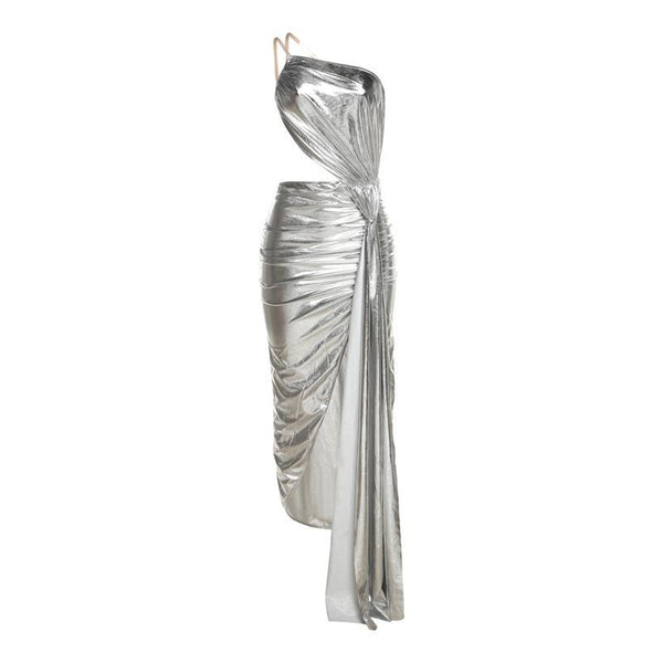 Metallic one shoulder irregular backless maxi dress