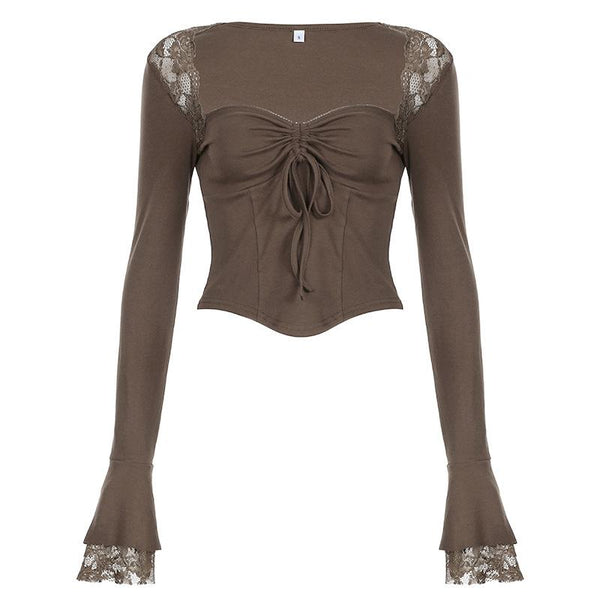 Long flared sleeve drawstring ruched lace top