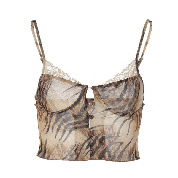 Lace hem tiger Stripe button low cut backless cami top fairycore Ethereal Fashion