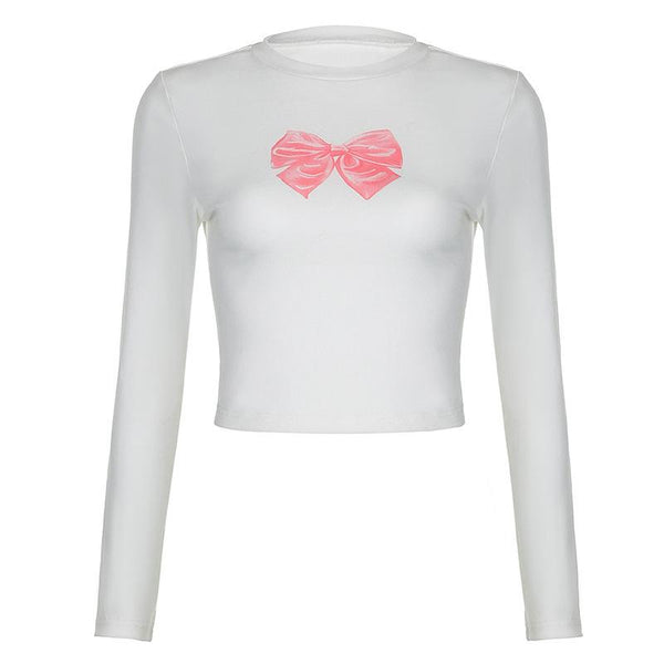 Bowknot pattern contrast long sleeve crewneck top