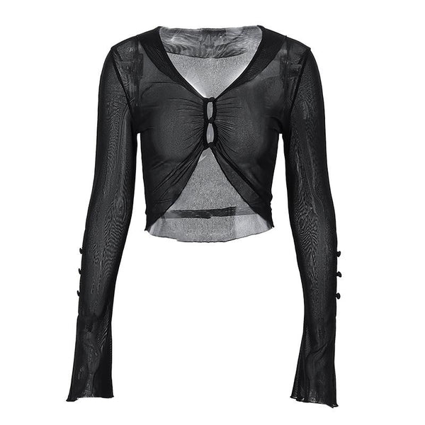 Sheer mesh see through button hollow out long sleeve crop top y2k 90s Revival Techno Fashion