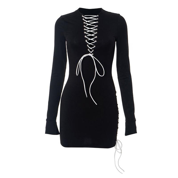 Lace up contrast long sleeve irregular crewneck mini dress