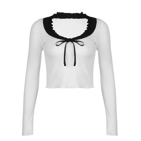 Ruffle contrast patchwork long sleeve bowknot crop top