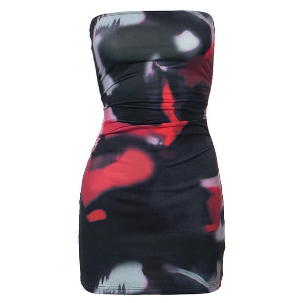 Ruched print contrast backless abstract tube mini dress
