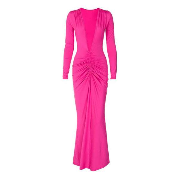 Ruched long sleeve v neck solid 2-way maxi dress