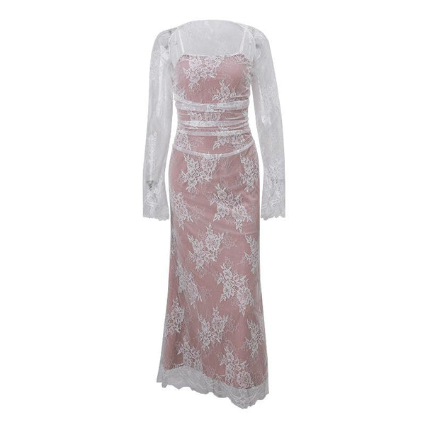 Long sleeve lace ruched shrug lace up 2 piece midi dress