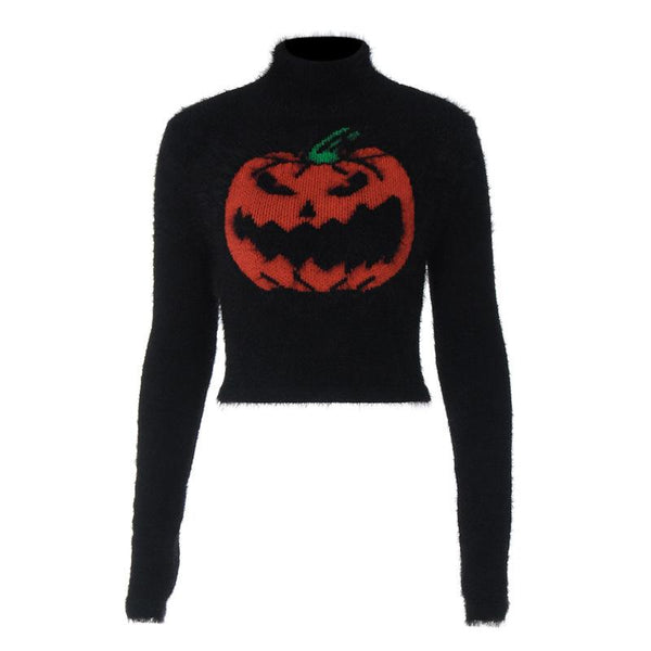 Long sleeve high neck fluffy pumpkin pattern contrast top