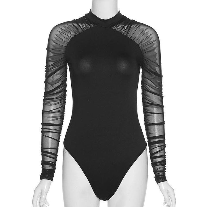 High neck mesh see-through ruched bodysuit - Halibuy