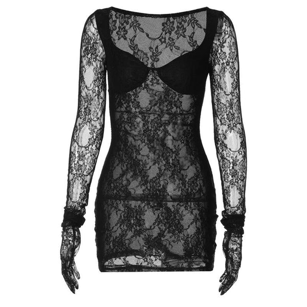 Long sleeve lace gloves see through sweetheart neck mini dress