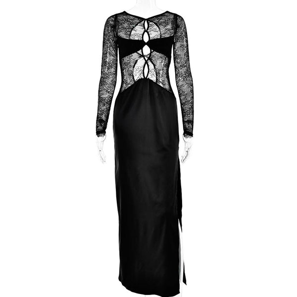 Long sleeve crewneck lace hollow out high slit maxi dress