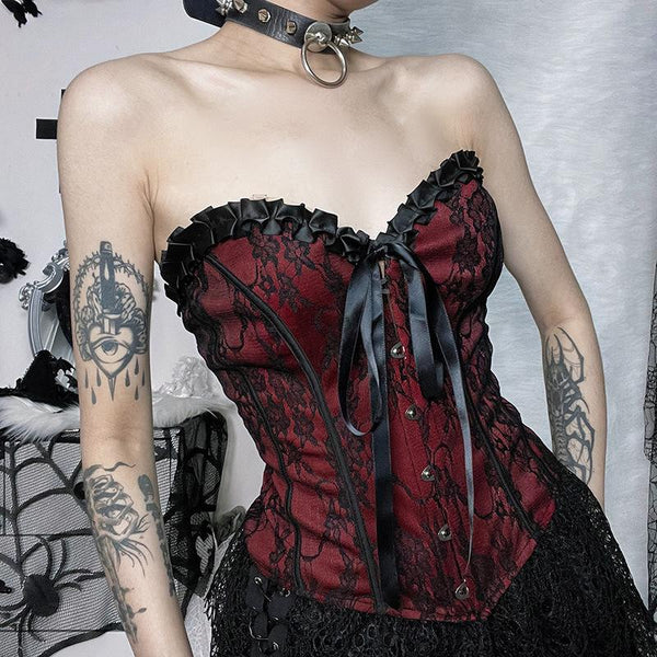 Sweetheart neck backless ruffle button corset contrast top goth Alternative Darkwave Fashion goth Emo Darkwave Fashion