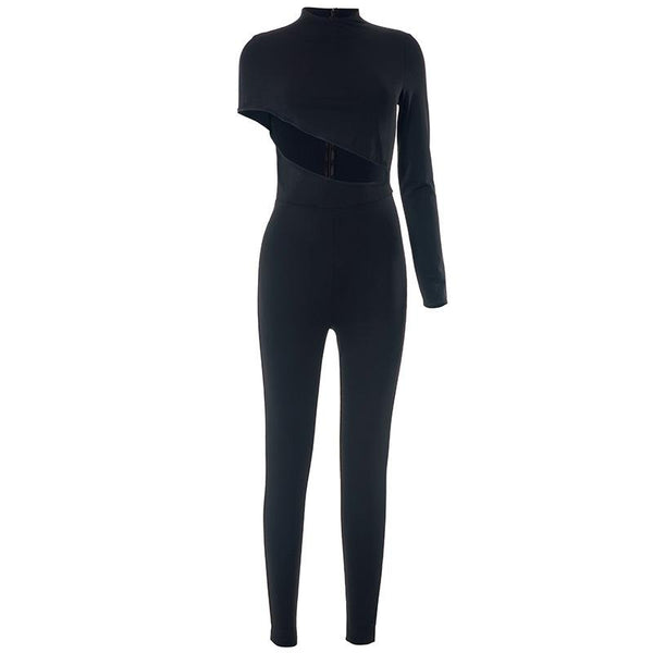 Hollow out irregular long sleeve high neck solid jumpsuit goth Emo Darkwave Fashion