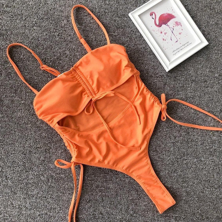 Hollow out drawstring one piece swimwear bikini - Halibuy