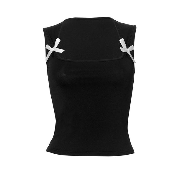 Bowknot square neck contrast sleeveless tank top