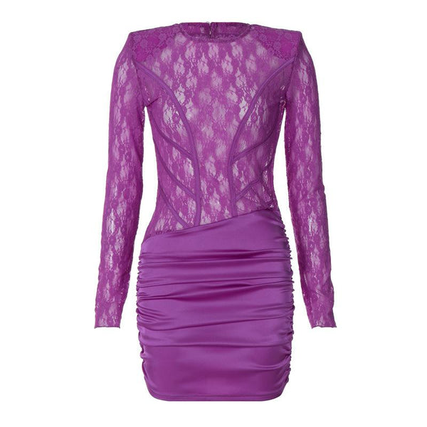 Lace see through satin ruched hollow out long sleeve mini dress