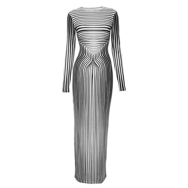 Striped long sleeve crewneck contrast maxi dress