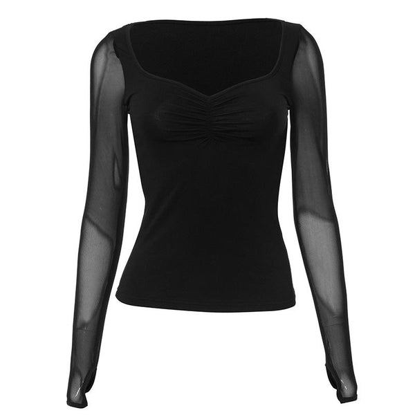 Gloves mesh long sleeve ruched v neck solid top