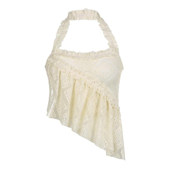 Halter irregular lace backless see through ruffle solid top y2k 90s Revival Techno Fashion