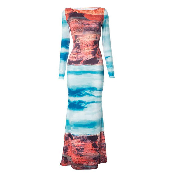 Long sleeve abstract crewneck contrast maxi dress