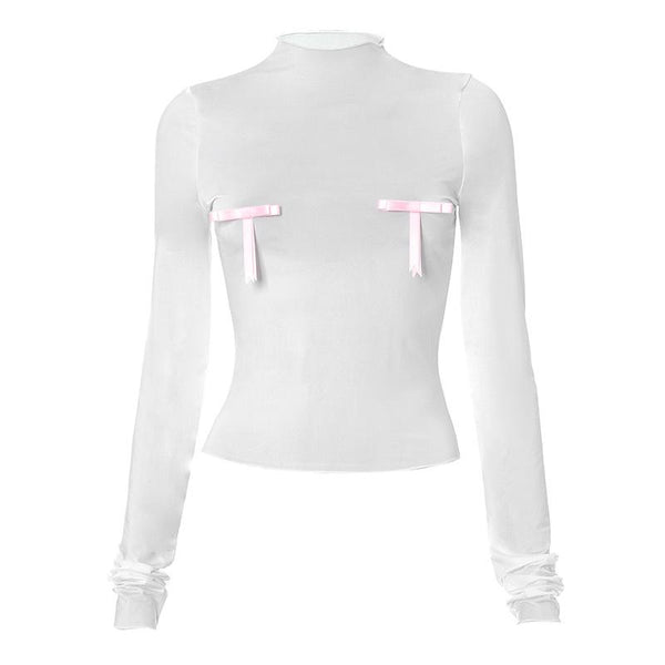 Bowknot contrast high neck long sleeve ruffle top