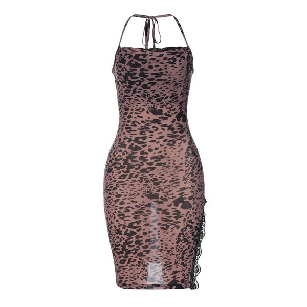 Leopard print contrast lace hem halter slit mini dress