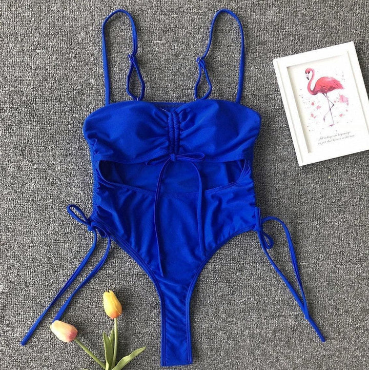 Hollow out drawstring one piece swimwear bikini - Halibuy