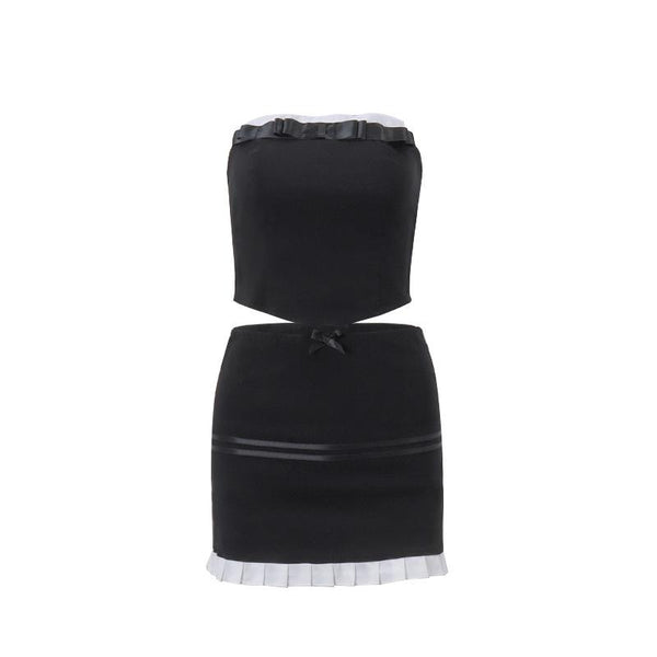 Bowknot stitch pleated ruched backless contrast tube mini skirt set