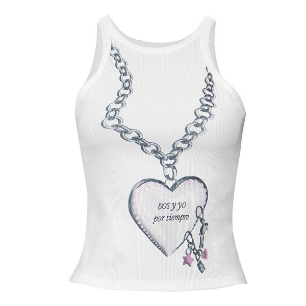 Ribbed crewneck heart pattern sleeveless tank top