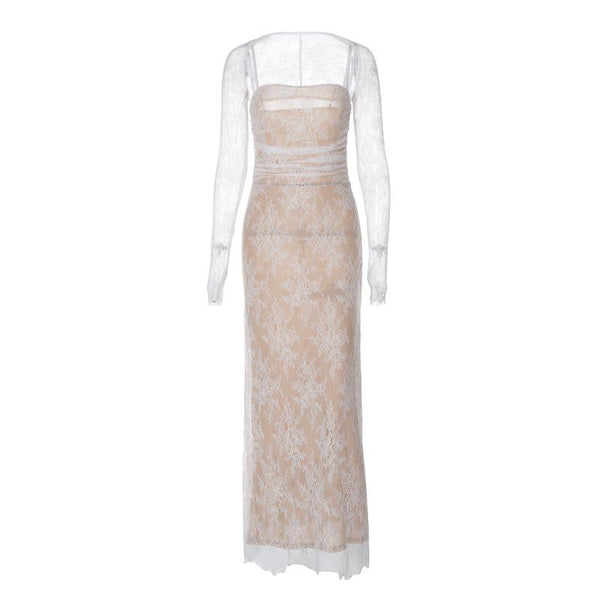 Long sleeve lace zip-up ruched shrug cami maxi dress