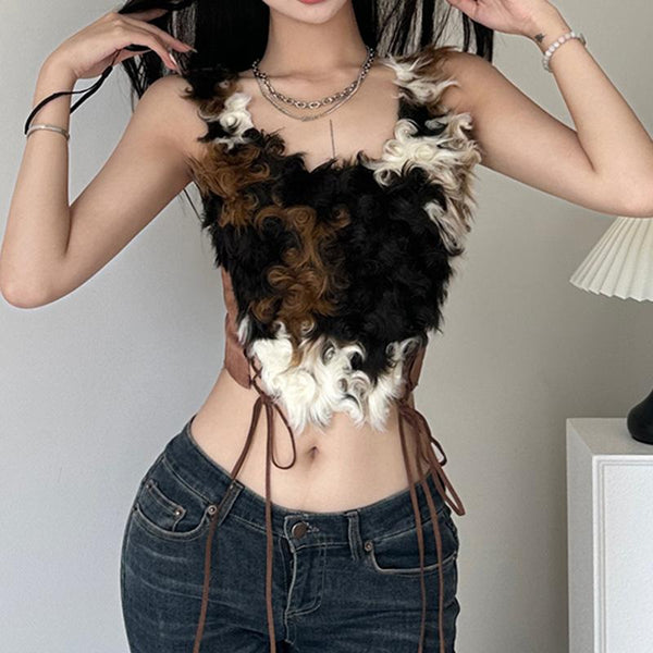 Fluffy contrast lace up sleeveless backless crop top