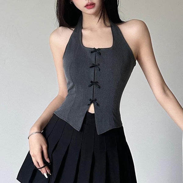 Halter bowknot slit backless zip-up sleeveless crop top