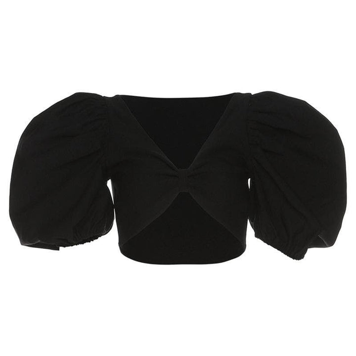 Short puff sleeve v neck solid crop top - Halibuy