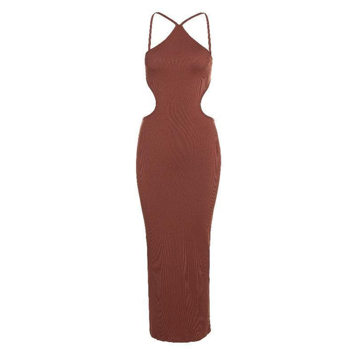 Hollow out halter open back ribbed midi dress - Halibuy