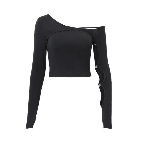 Long sleeve one shoulder button hollow out  irregular solid top