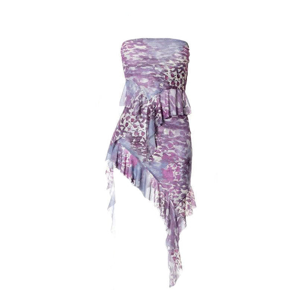 Conjunto de falda de tubo con estampado de contraste irregular y volantes plisados ​​Fairycore Ethereal Fashion 