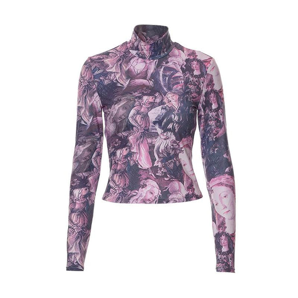 Long sleeve high neck abstract print contrast crop top y2k 90s Revival Techno Fashion