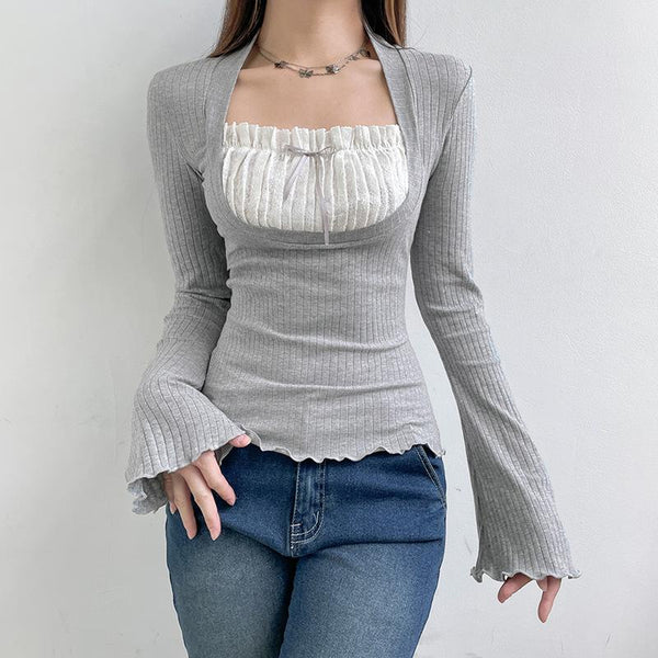 Ruched patchwork contrast long sleeve ruffle top y2k 90s Revival Techno Fashion