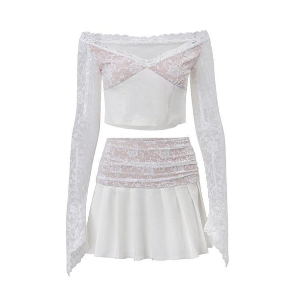 Long flared sleeve lace patchwork pleated ruched zip-up mini skirt set